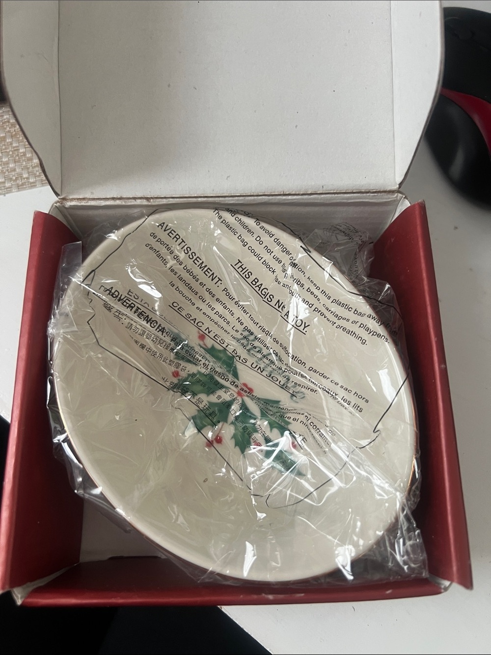 Lenox Red Holiday Trinket Dish Box with Green & White Accent